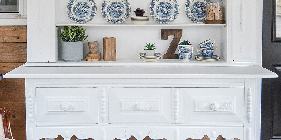 Front view of the finished buffet with decorated shelves