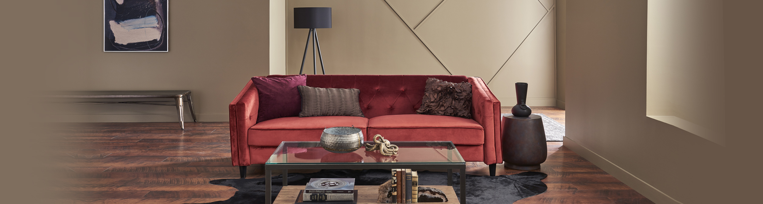 Living room with a red sofa