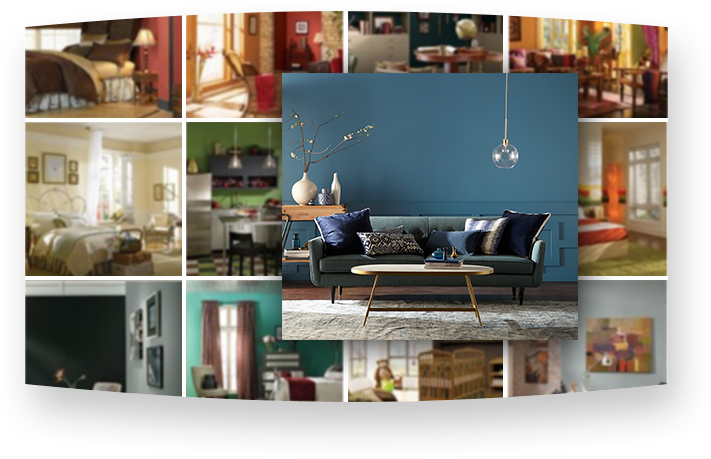 Blue room with sofa and a coffee table with montage of other room images in background.
