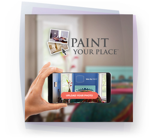 Person's hand holding a cell phone and text Paint Your Place